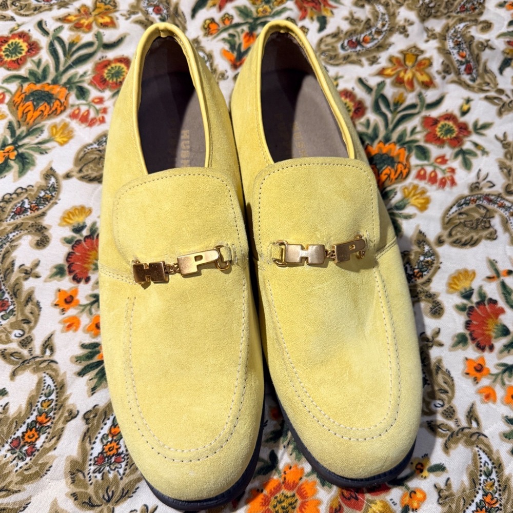 Hush Puppies Vintage Lemon Yellow Suede Horsebit Loafers Gold Hardware 8.5M